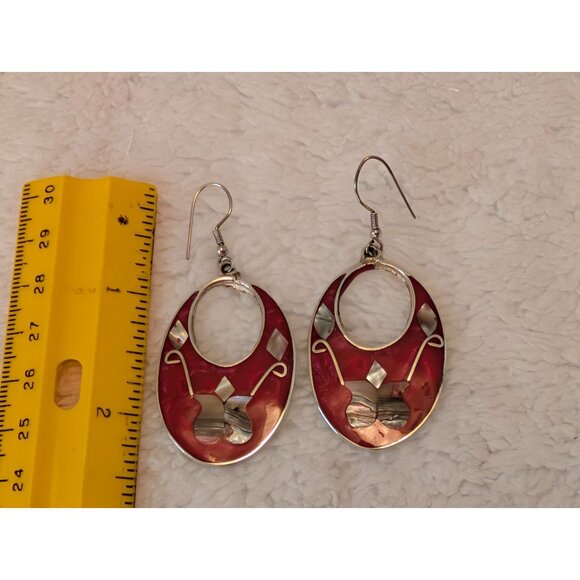 Vintage Alpaca Mexico Red & Silver Oval Drop Earrings M-O-P Inlay & Hook Closure - Picture 6 of 7